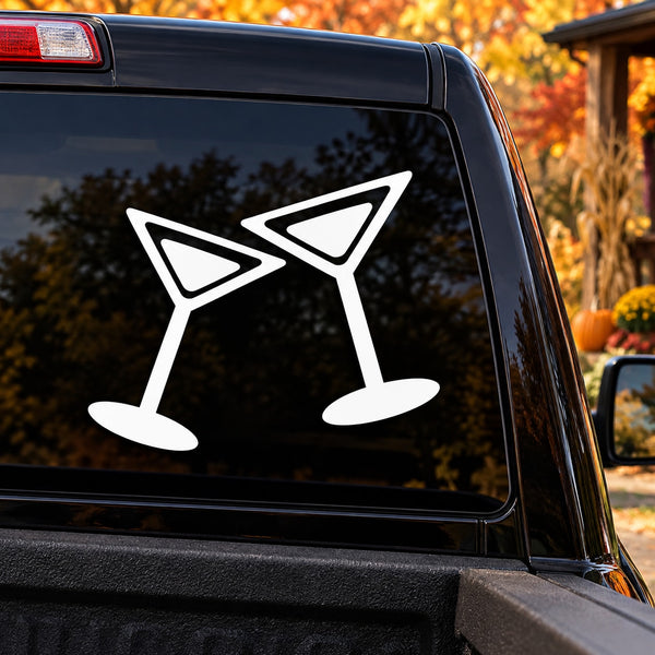 Martini clink decal with two outlined martini glasses on car window
