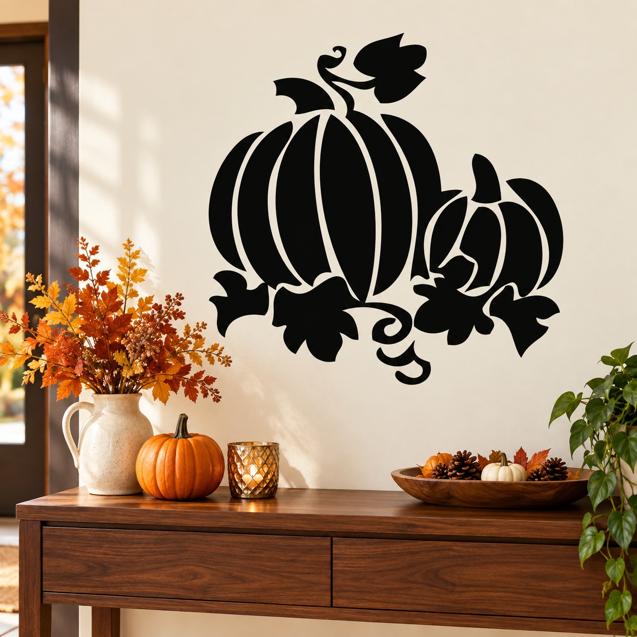 Black pumpkin pair wall decal with two stacked pumpkins and curled vines