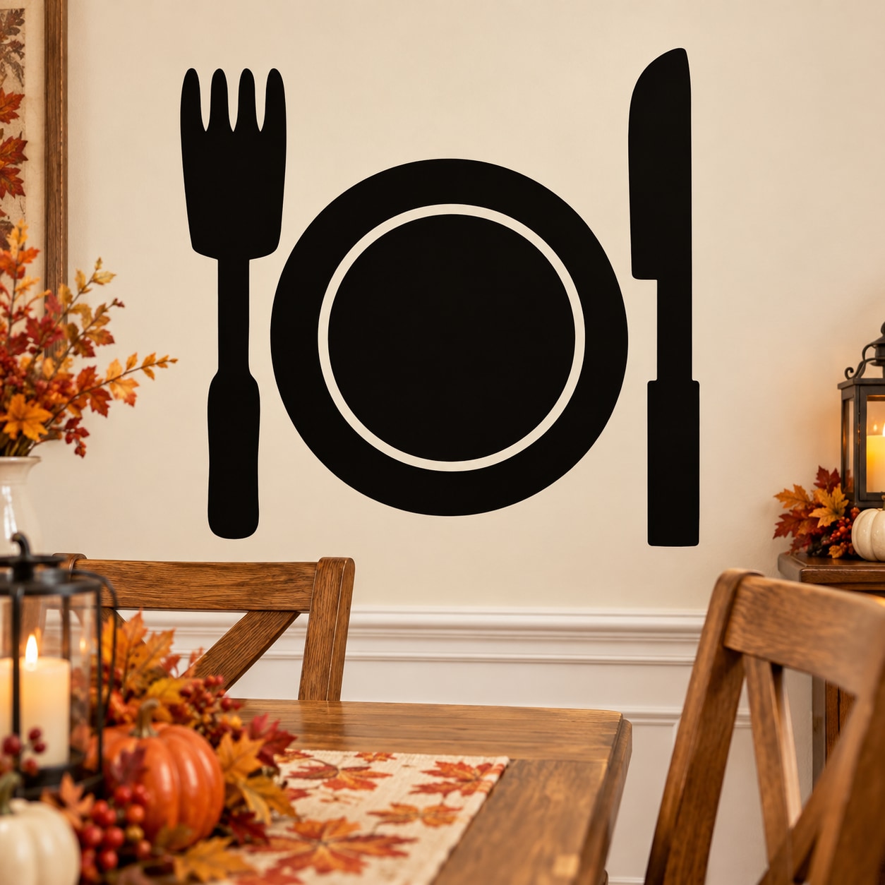 Thanksgiving tableware wall decal set: black fork, plate, and knife silhouettes