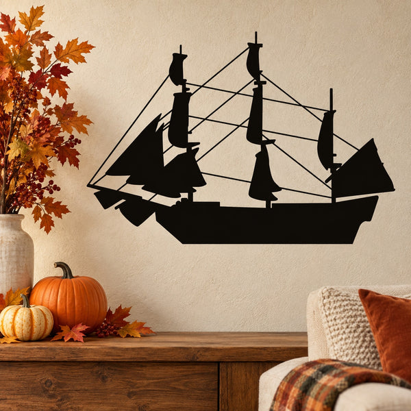 Black sailing ship wall decal with detailed sails and rigging silhouette.