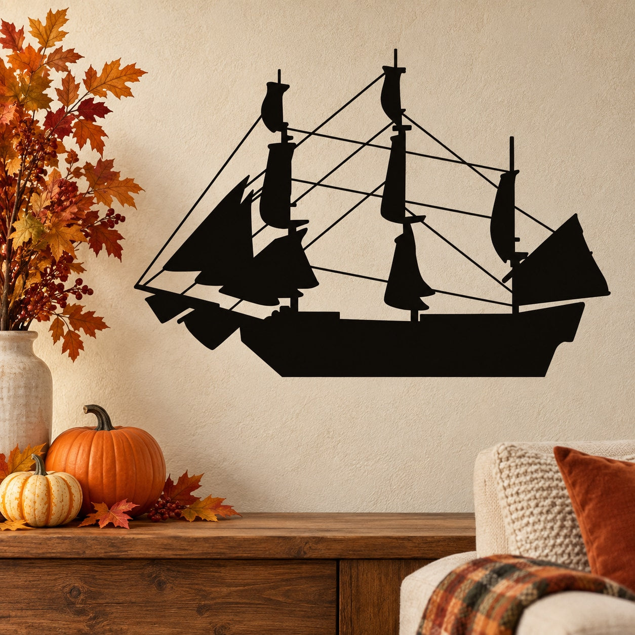 Black sailing ship wall decal with detailed sails and rigging silhouette.