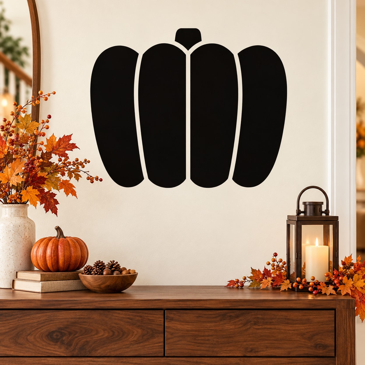 Black pumpkin-shaped wall decal with white stem and three rounded segments