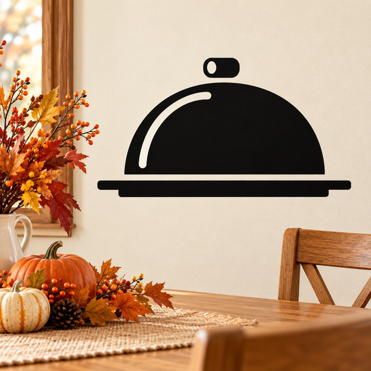 Thanksgiving covered platter decal with black domed lid and serving tray silhouette