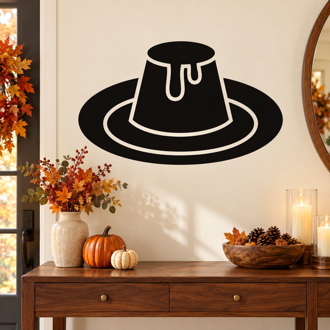 Black dripping flan-style hat wall decal with white outline