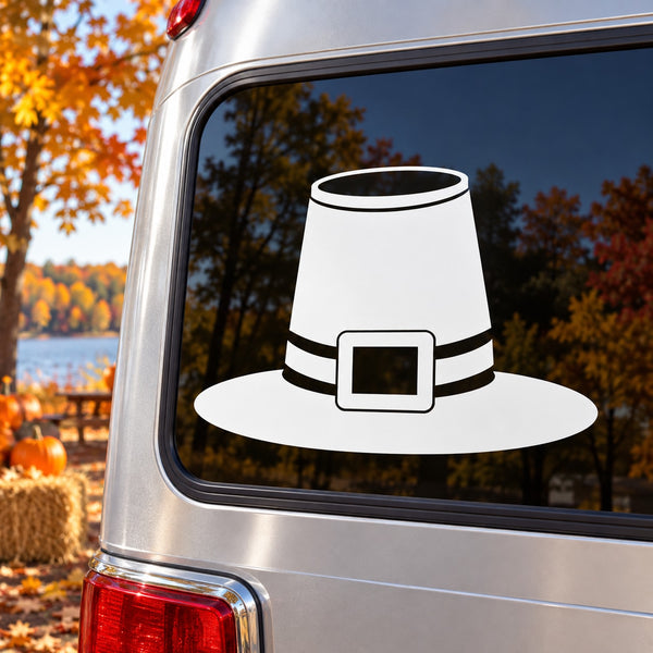 White pilgrim hat decal with black belt band and square buckle