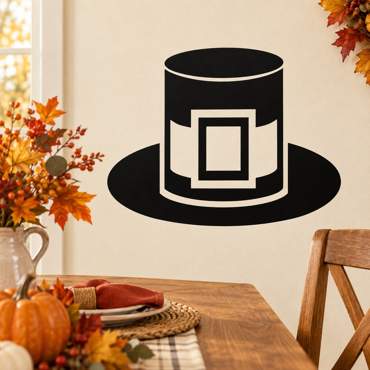 Thanksgiving pilgrim hat decal: black top hat with white square border emblem