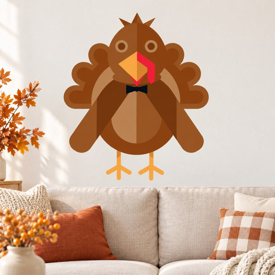 Kids geometric turkey sticker with brown body, orange beak, and colorful tail
