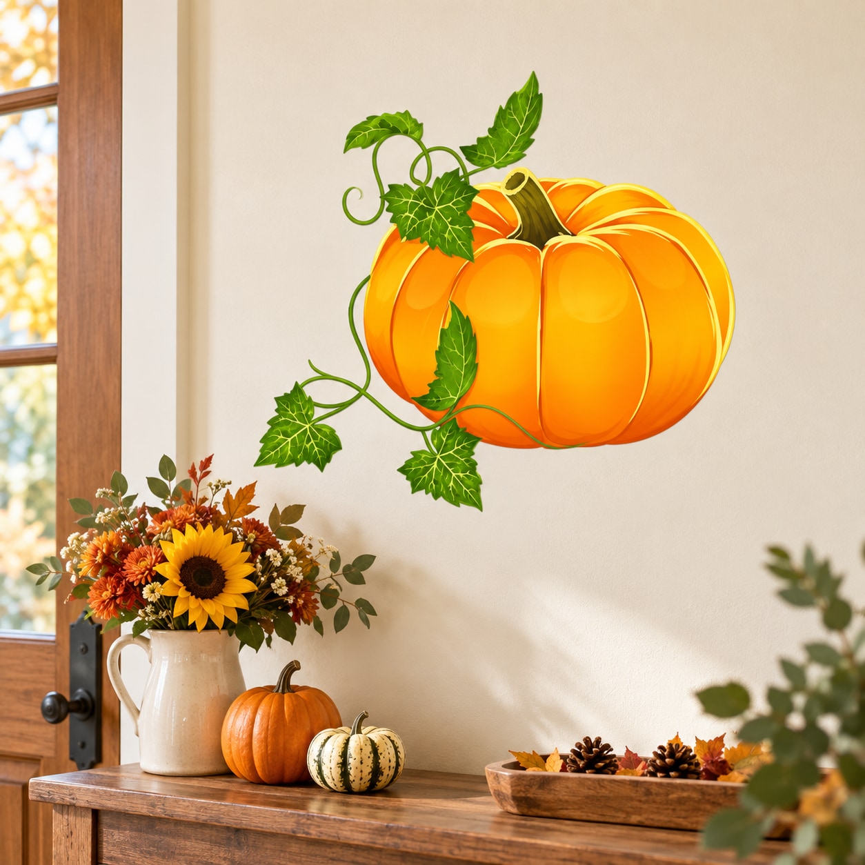 Thanksgiving pumpkin sticker with green vines and orange carved pumpkin design