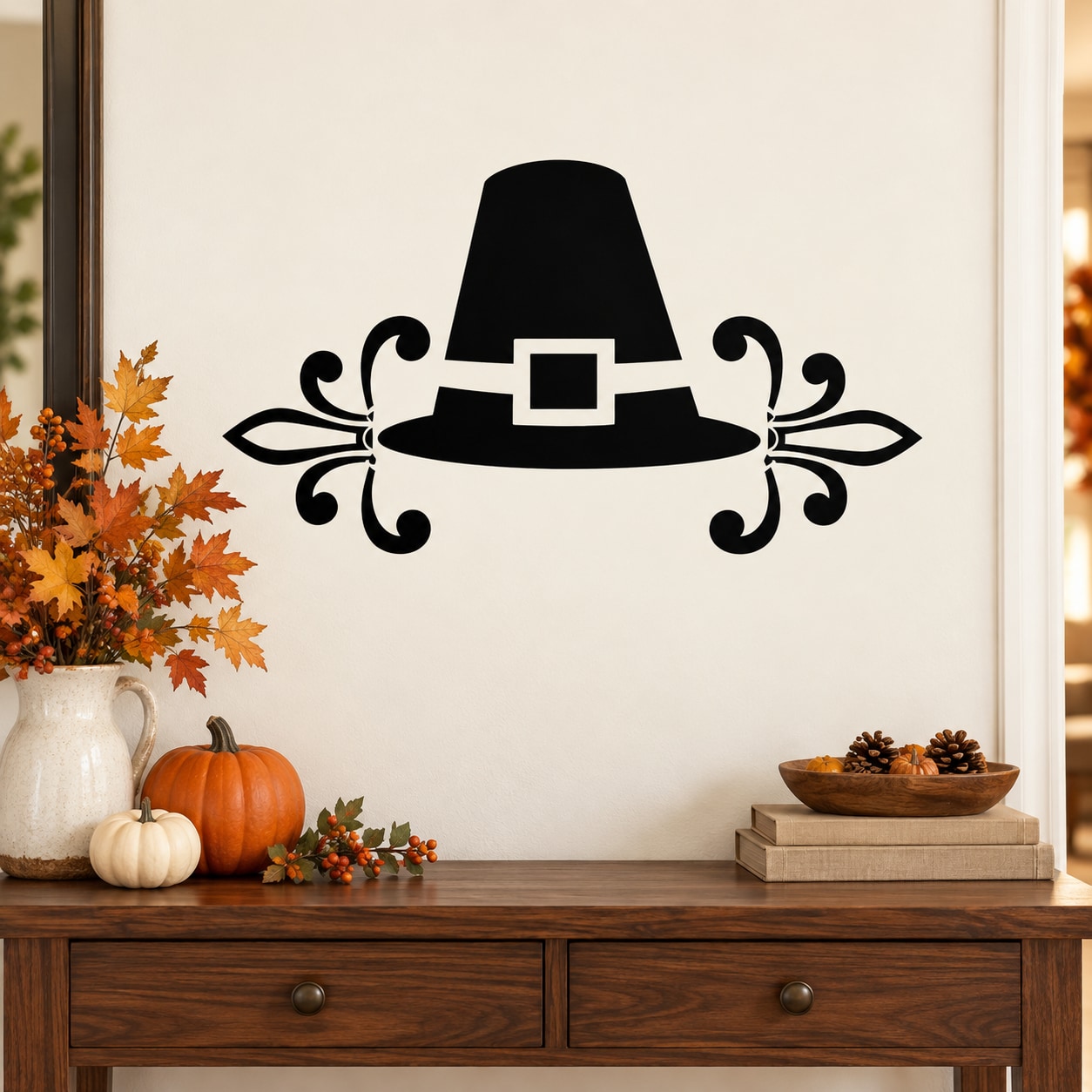 Ornate pilgrim hat wall decal with black hat, buckles, and decorative swirls