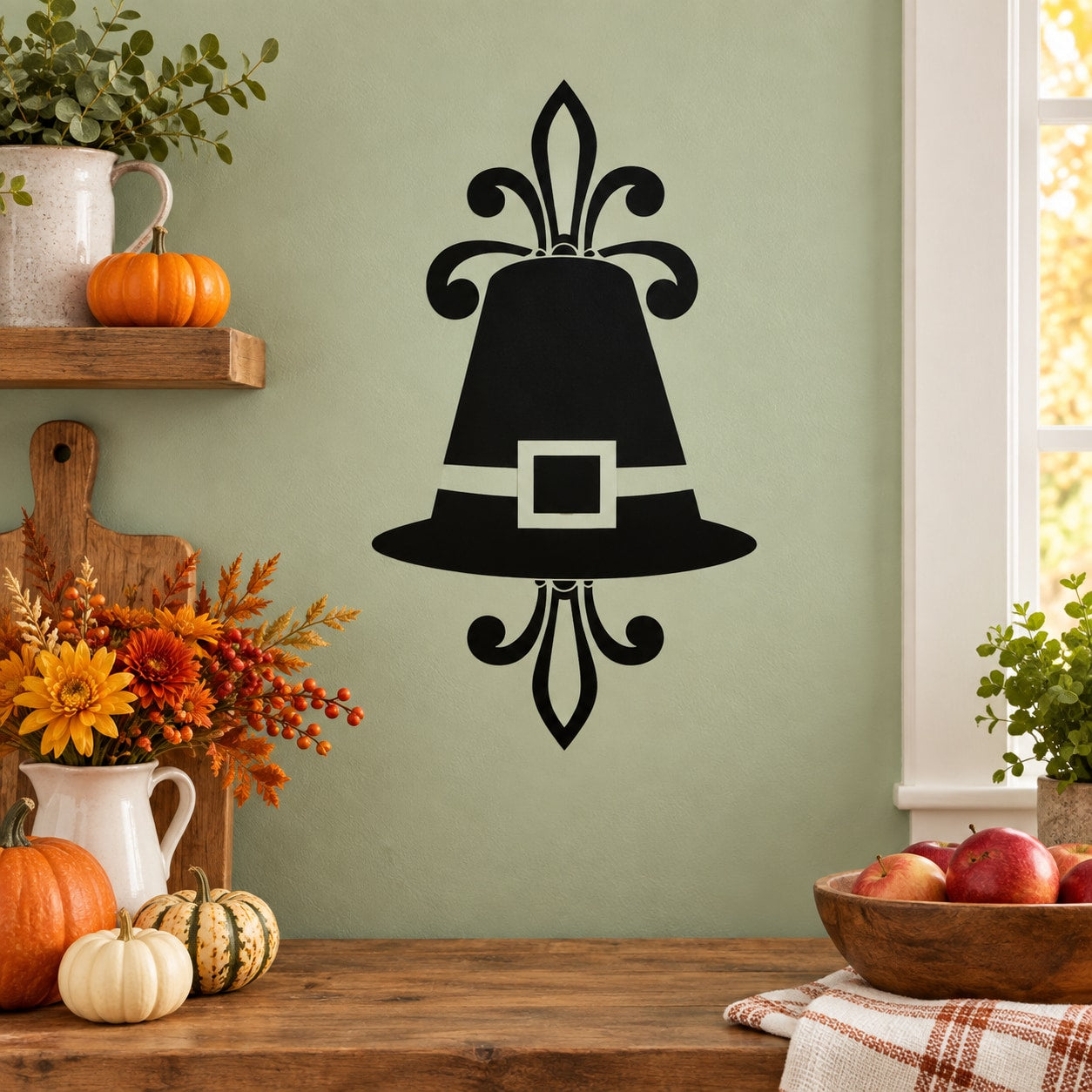 Thanksgiving pilgrim hat decal with black silhouette, belt buckle, and fleur-de-lis trim
