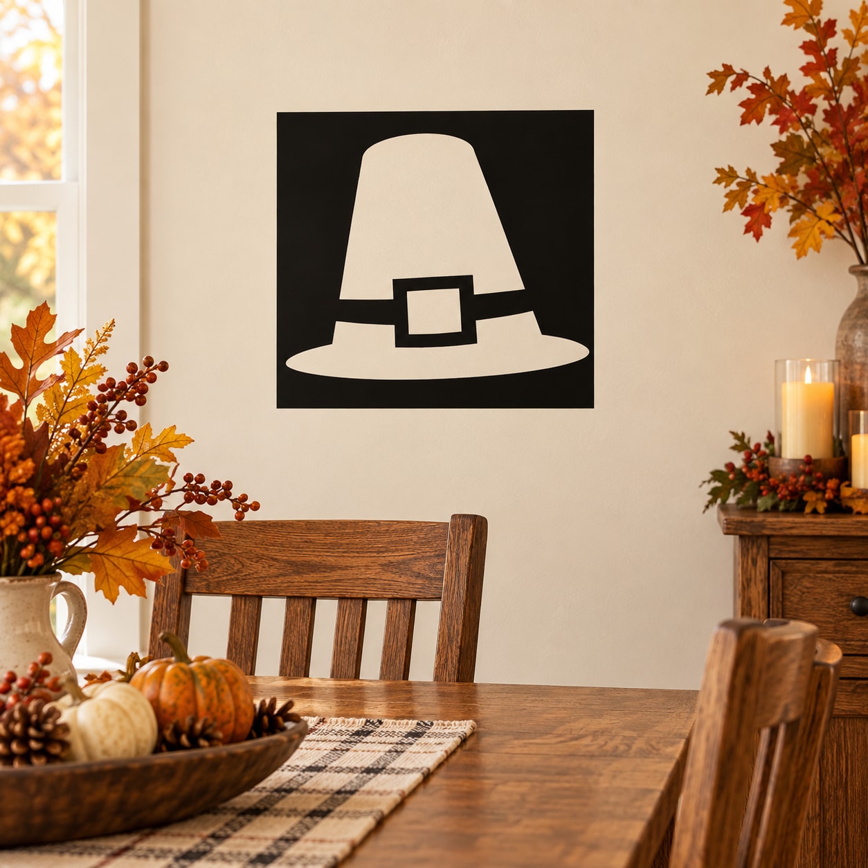 Square pilgrim hat decal with white hat and buckle on dark background
