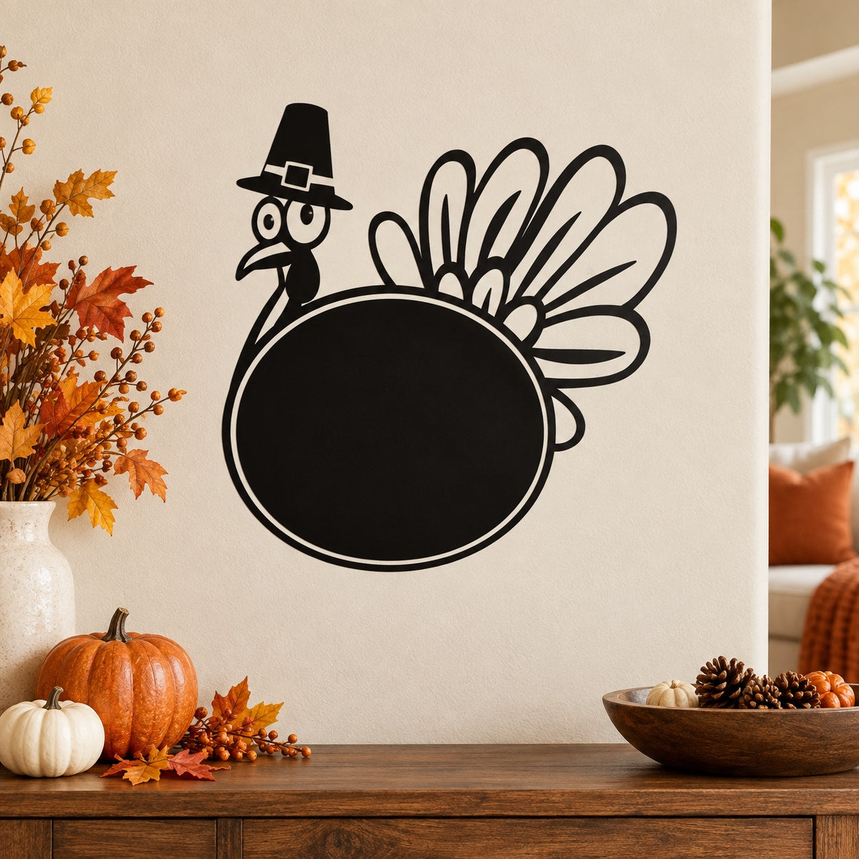 Thanksgiving turkey wall decal wearing a pilgrim hat with a bold black cutout body