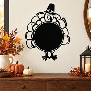 Thanksgiving turkey round hat decal with black circular center and pilgrim-style headwear