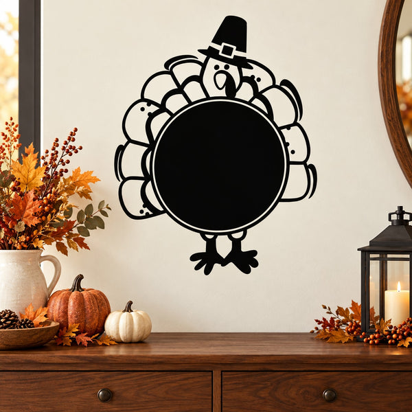 Thanksgiving turkey round hat decal with black circular center and pilgrim-style headwear