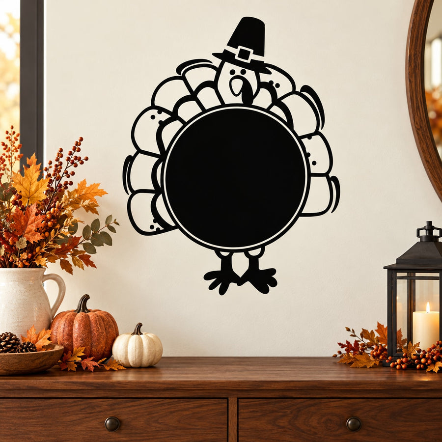 Thanksgiving turkey round hat decal with black circular center and pilgrim-style headwear