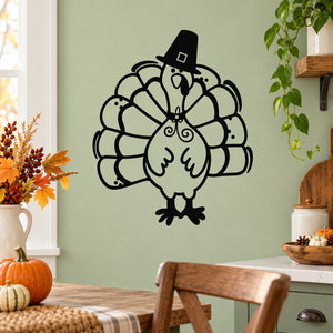 Cartoon Thanksgiving turkey decal with black top hat and curly feather outline