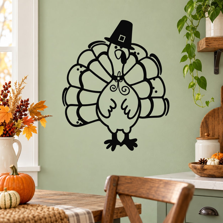 Cartoon Thanksgiving turkey decal with black top hat and curly feather outline