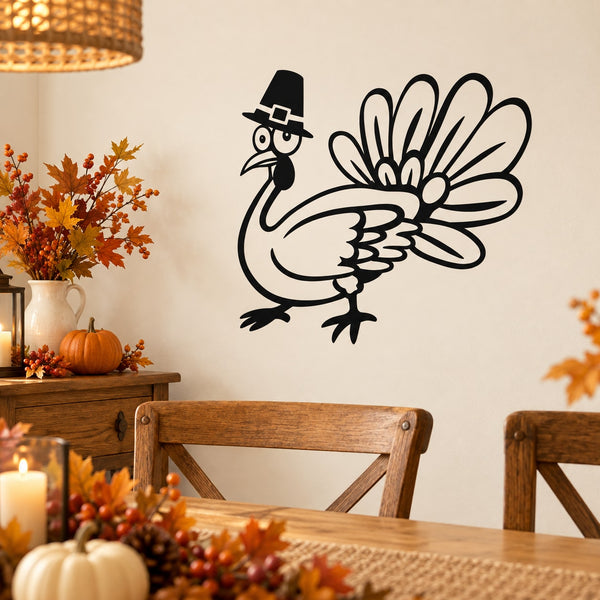 Goofy turkey wall decal: black cartoon turkey with hat, holding fan tail