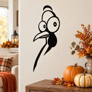 Alert turkey head peeking wall decal with bold black outline and white eyes
