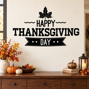 Happy Thanksgiving Day wall decal with maple leaf and bold banner text