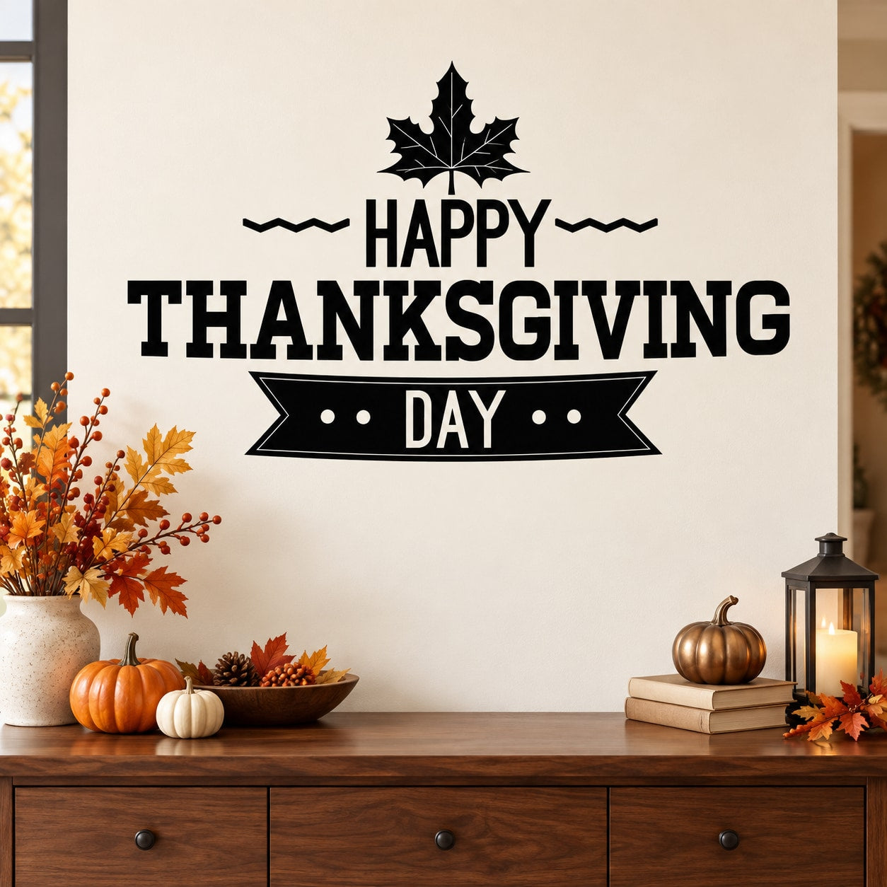 Happy Thanksgiving Day wall decal with maple leaf and bold banner text