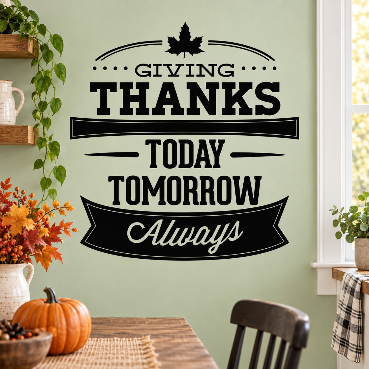 Thanksgiving wall decal reading 'Giving Thanks Today Tomorrow Always' in black