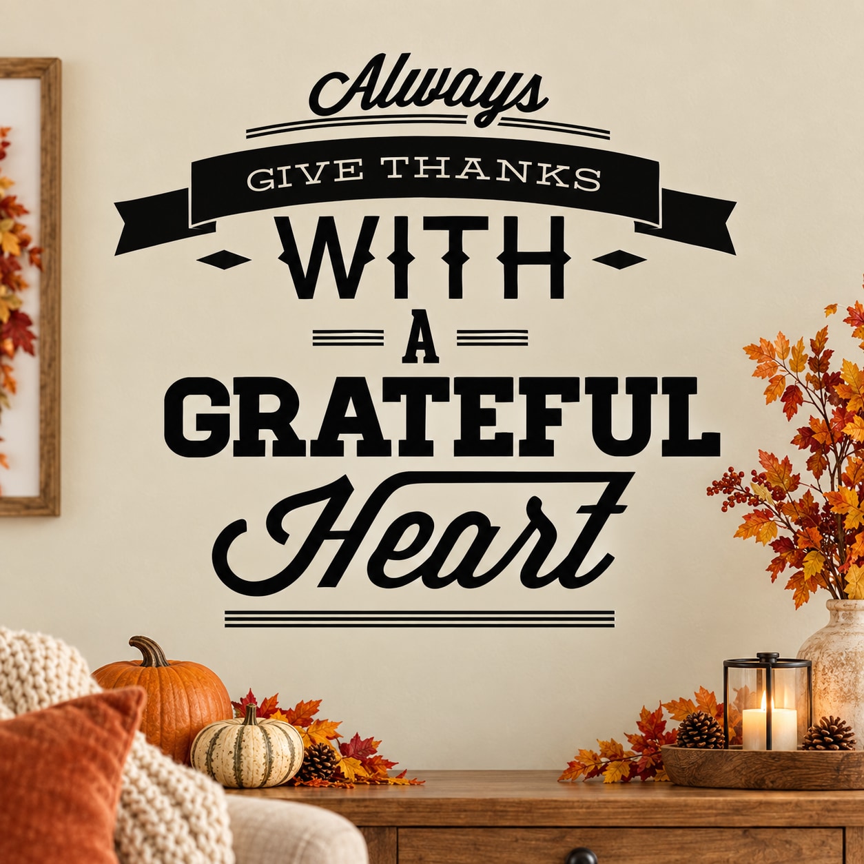 Grateful heart wall decal with Always give thanks typographic ribbon