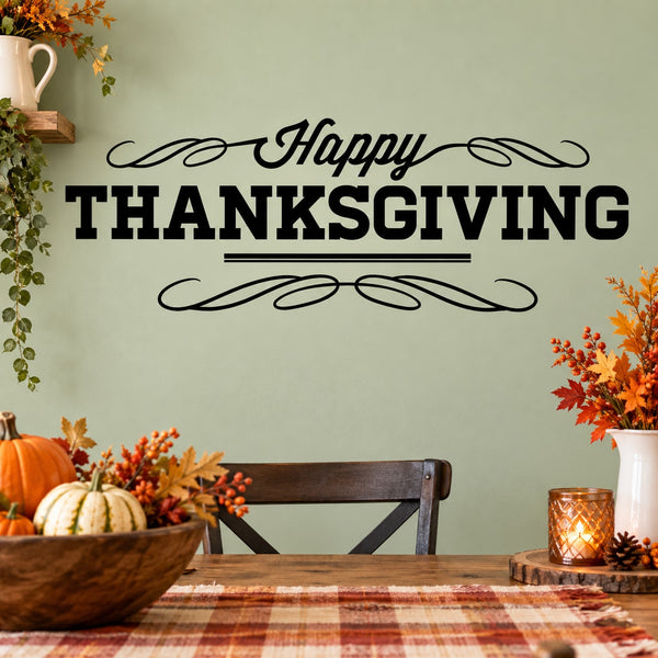 Happy Thanksgiving wall decal with black script and large THANKSGIVING text