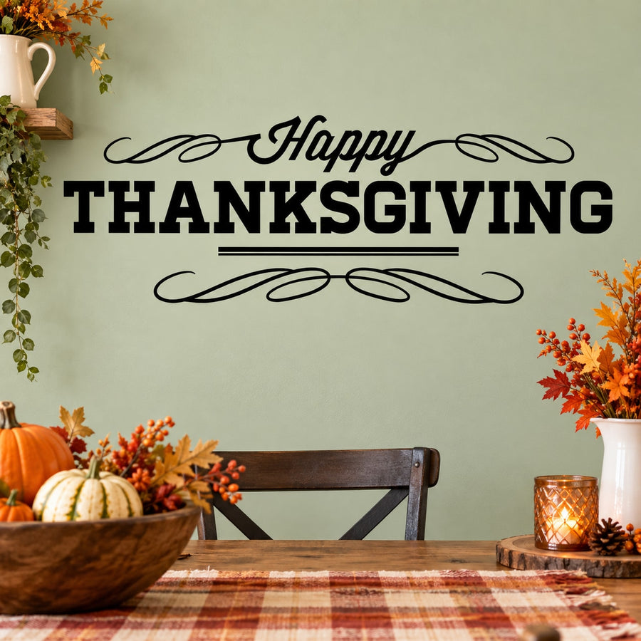 Happy Thanksgiving wall decal with black script and large THANKSGIVING text