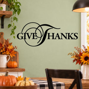 Black Give Thanks wall decal with looping leaf-circle design