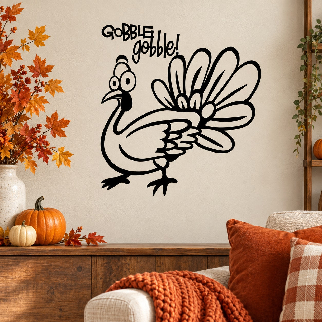 Thanksgiving turkey wall decal with “Gobble Gobble!” text and cartoon turkey