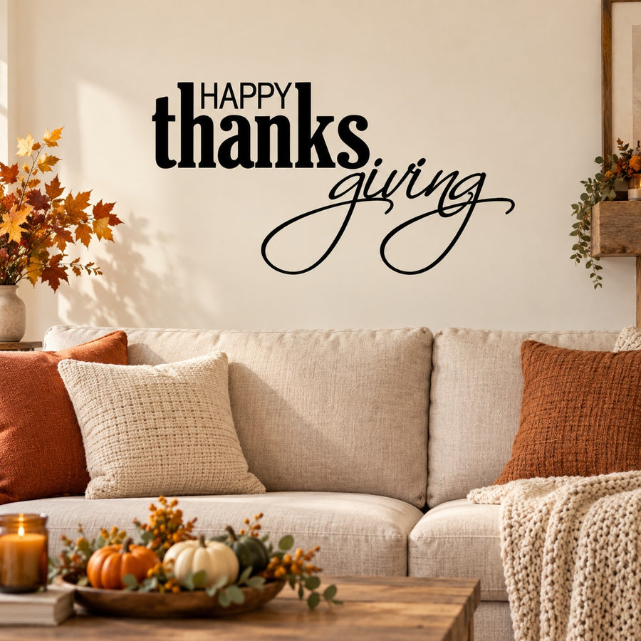 Thanksgiving wall lettering decal reading “Happy Thanksgiving giving” in black script