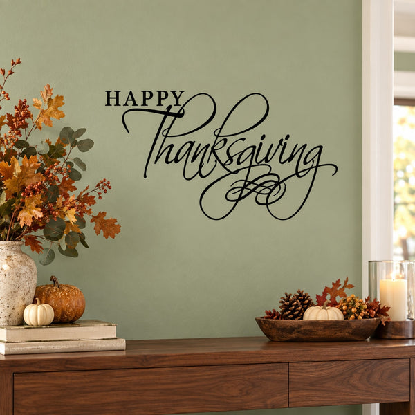 Happy Thanksgiving script wall decal in black cursive lettering