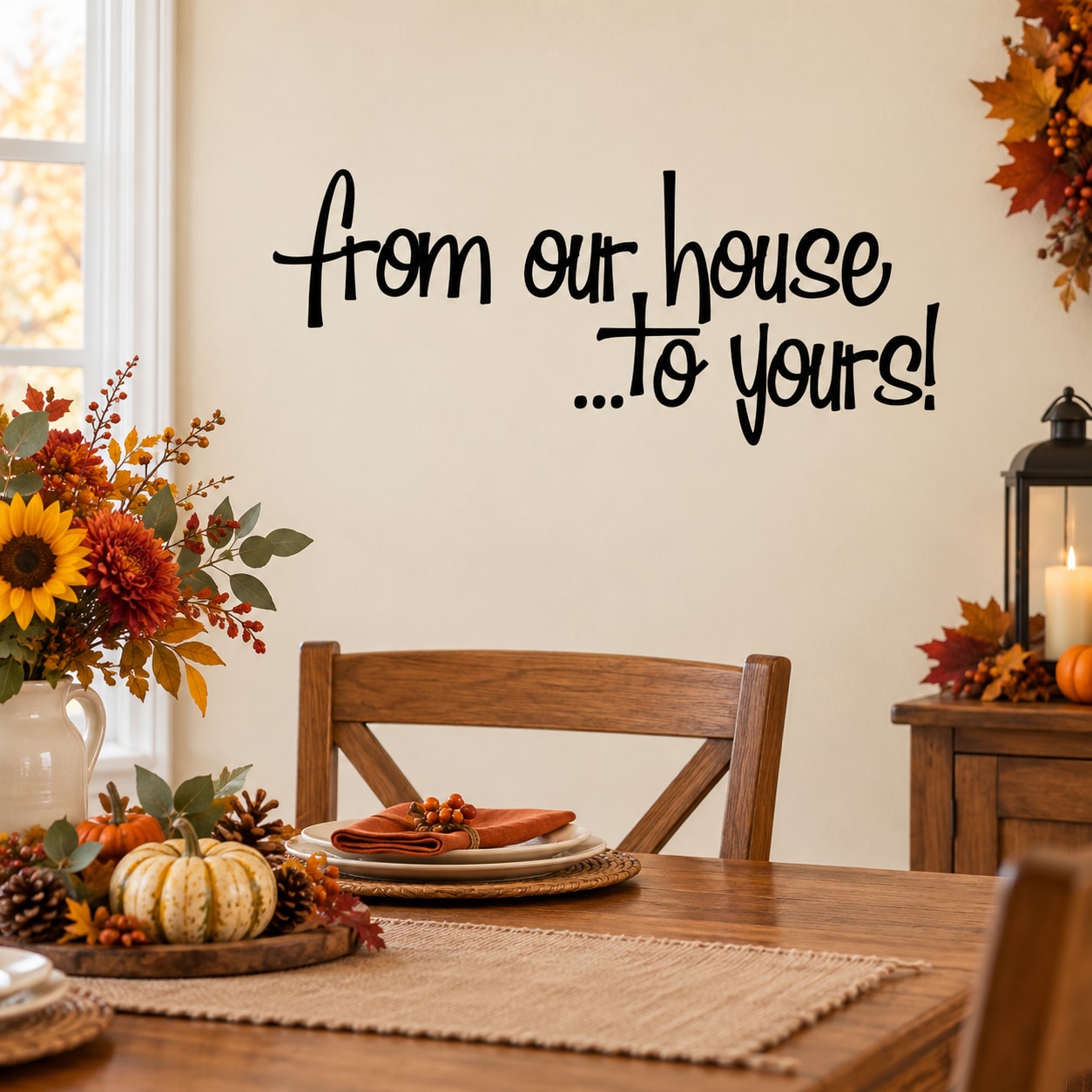 Thanksgiving wall decal with cursive text: “From our house…to yours!”