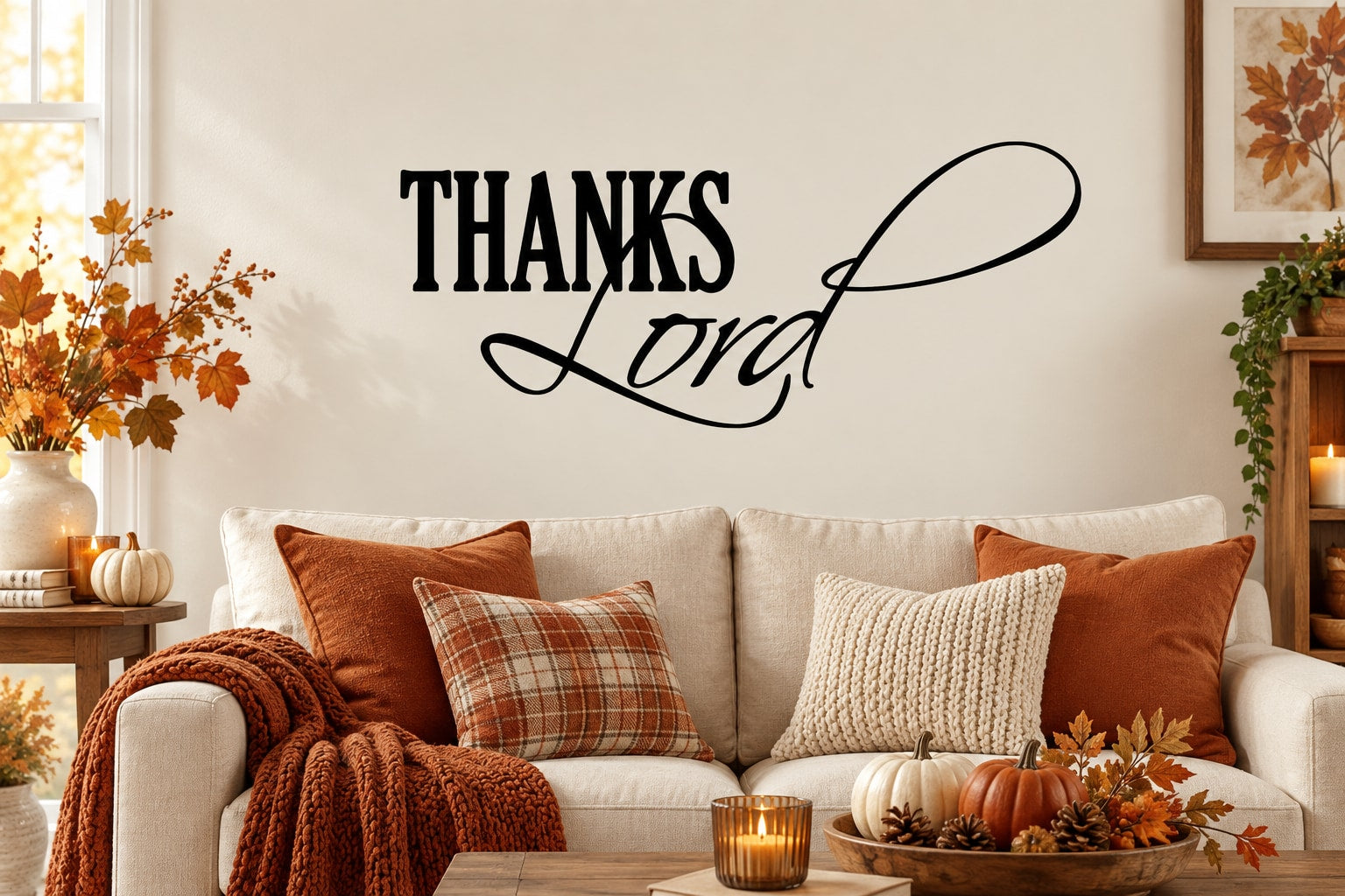Thanksgiving vinyl wall decal reading “Thanks Lord” in black lettering