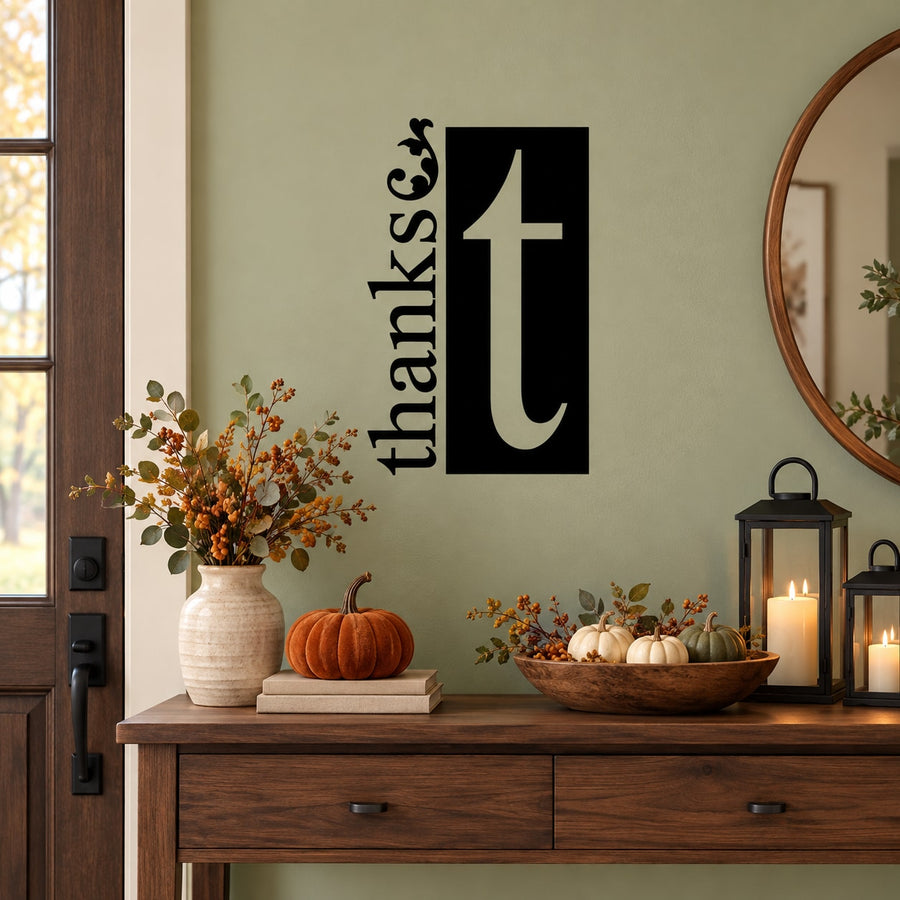 Thanksgiving quote wall decal, black cross T with 'Thanks' script and fall leaves