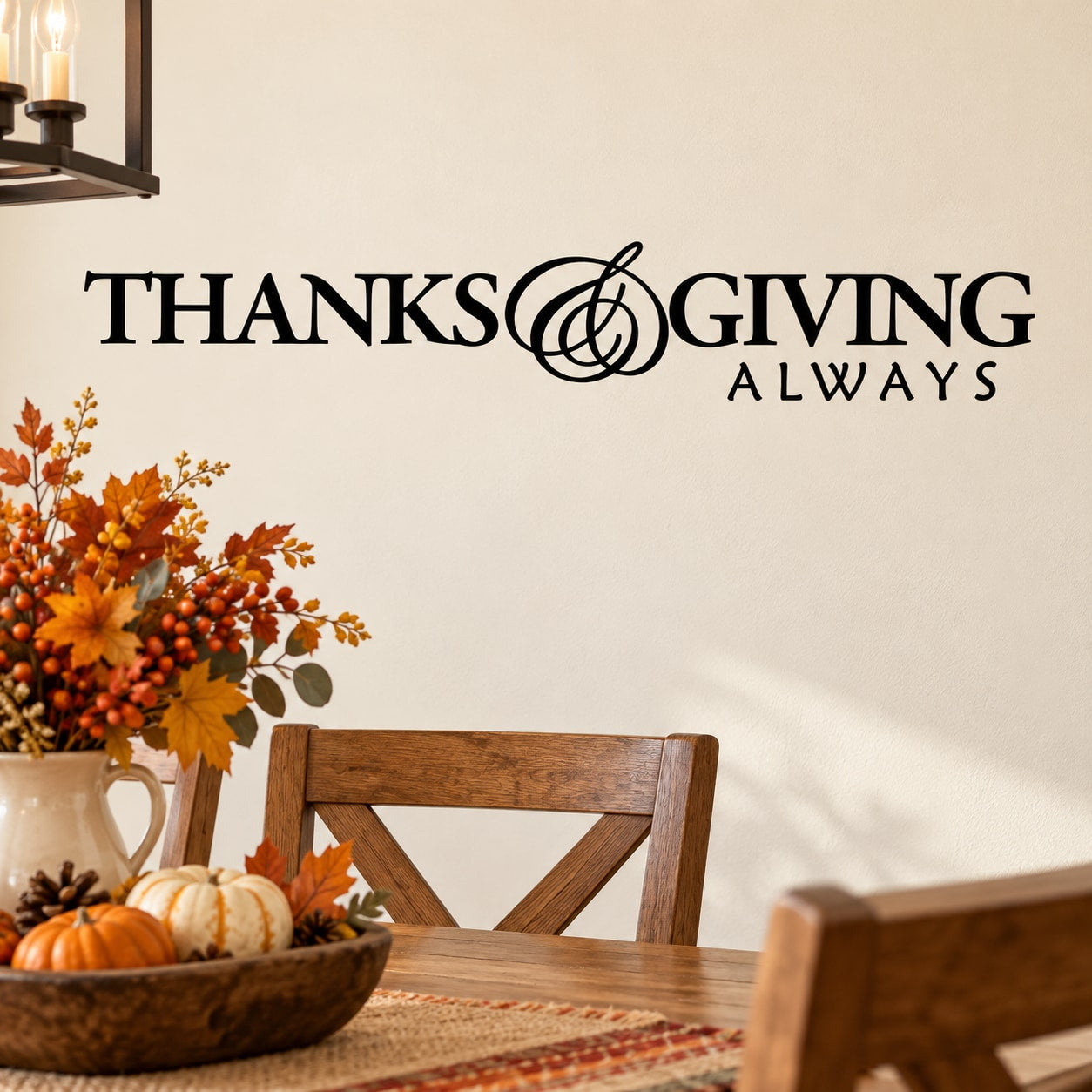 Thanksgiving decal with “THANKS GIVING ALWAYS” lettering and circular turkey icon