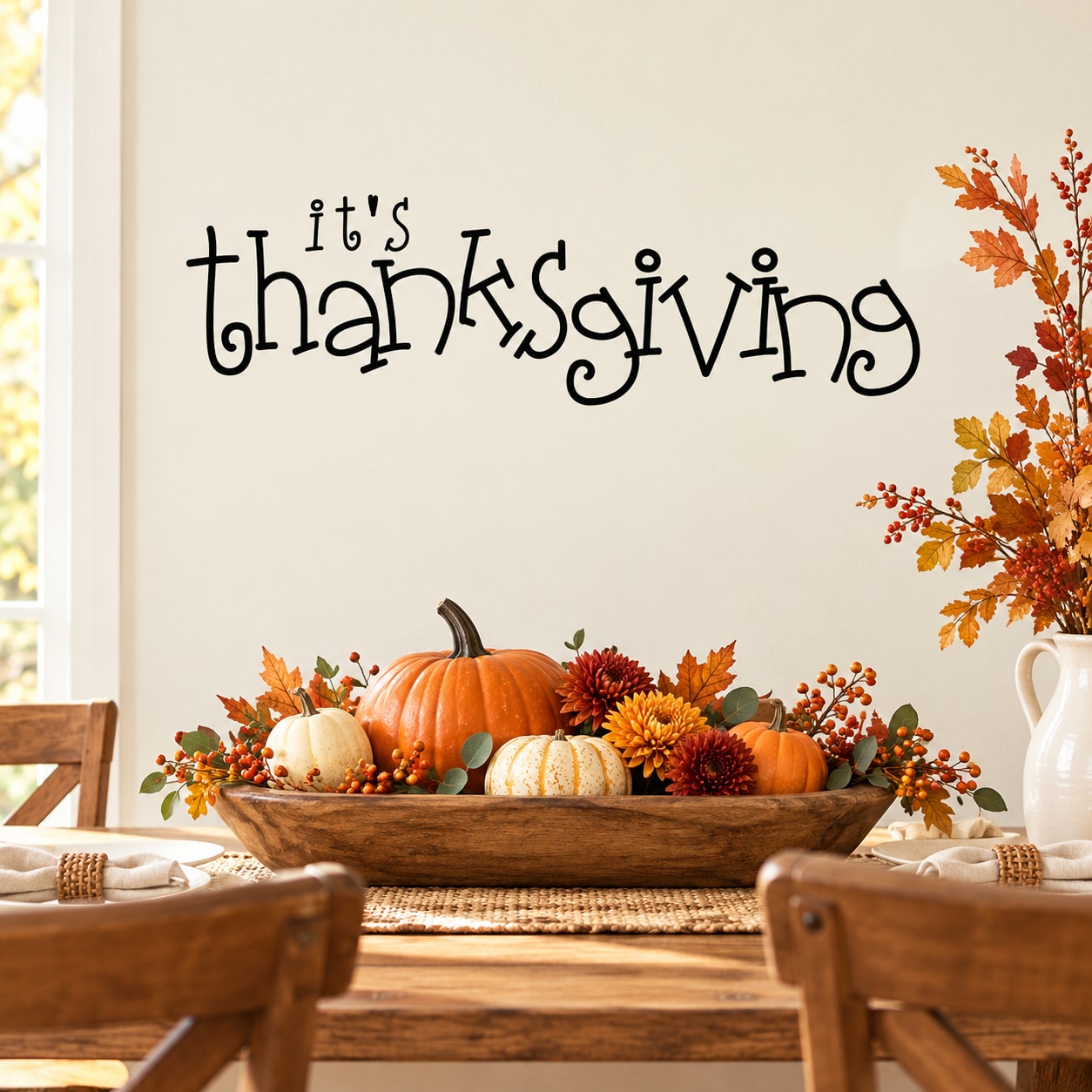 Thanksgiving wall decal with bouncy 'It's Thanksgiving' script and autumn leaves