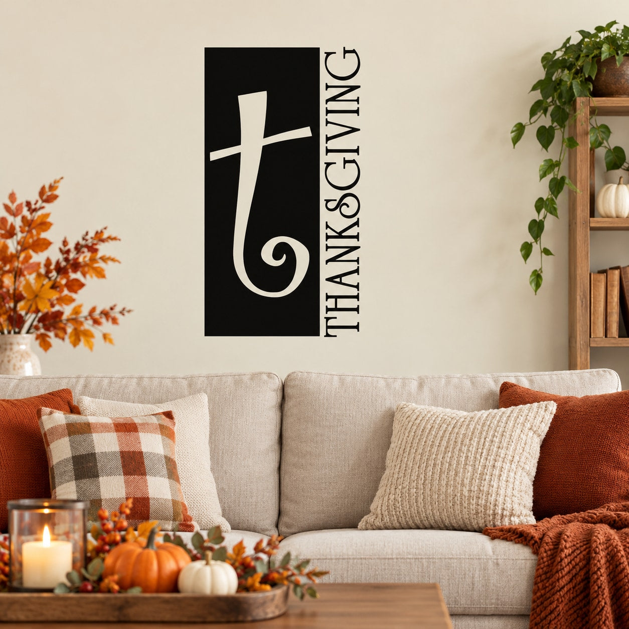Thanksgiving T-letter wall decal with black background, white cross and decorative lettering
