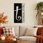 Thanksgiving T-letter wall decal with black background, white cross and decorative lettering