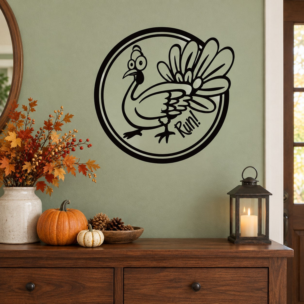 Circular turkey face decal with black outline and playful text
