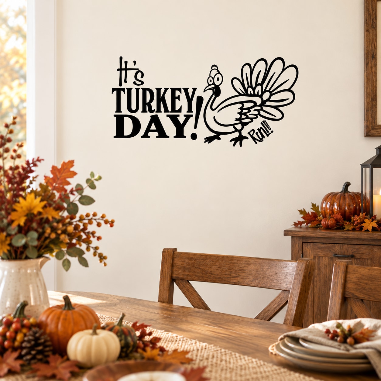Thanksgiving wall decal with text “It’s TURKEY DAY! Run!” and turkey outline