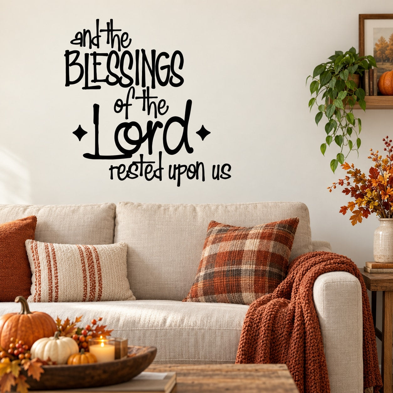 Thanksgiving wall quote decal, black lettering: "Blessings of the Lord rested upon us"