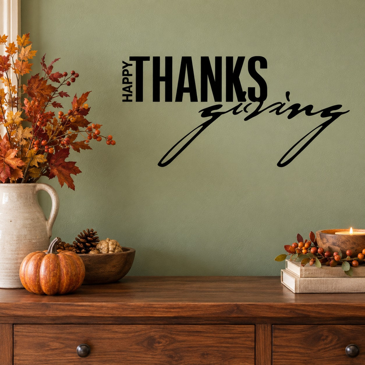 Thanksgiving wall decal: bold THANKS with 'Happy' text and cursive flourish