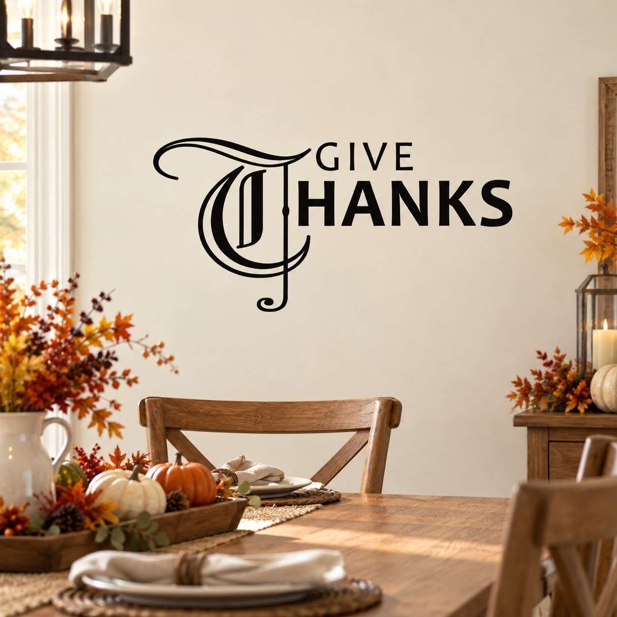 Thanksgiving wall decal with Give Thanks text and decorative turkey icon