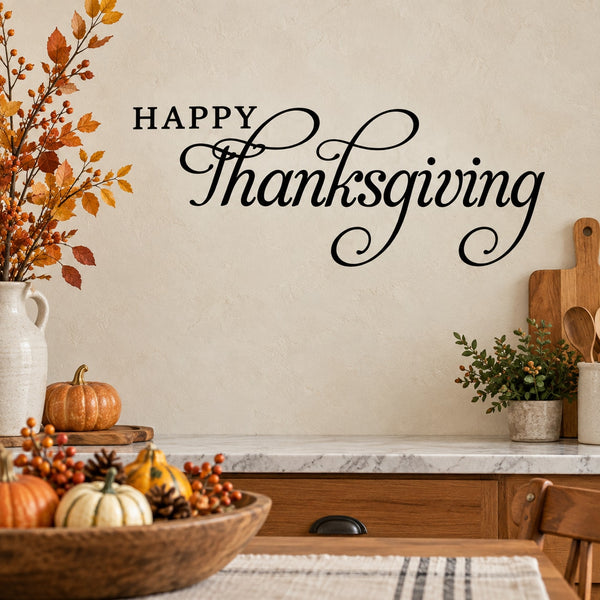 Happy Thanksgiving wall decal with elegant script lettering and autumn leaf accents