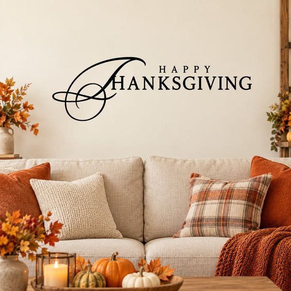 Happy Thanksgiving fancy lettering wall decal with black scripted 'Happy' and 'THANKSGIVING'