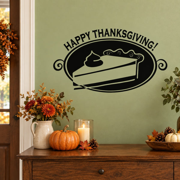Thanksgiving oval wall decal with “Happy Thanksgiving!” and a pie slice icon