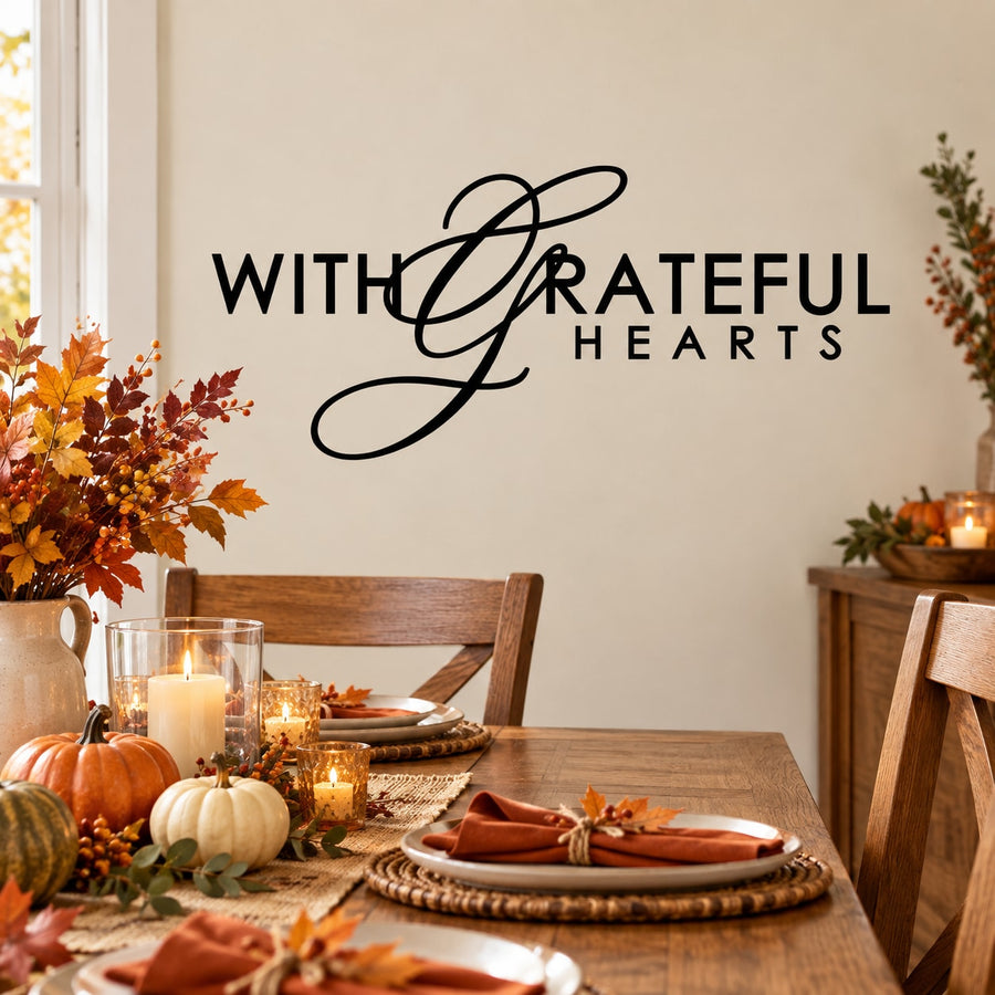 Thanksgiving wall decal with “With Grateful Hearts” black lettering