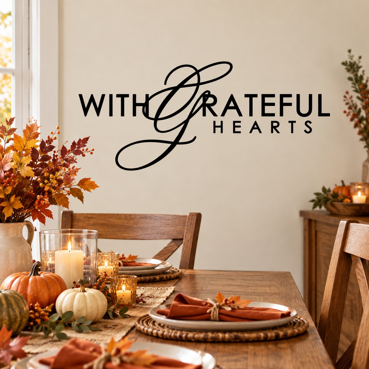 Thanksgiving wall decal with “With Grateful Hearts” black lettering